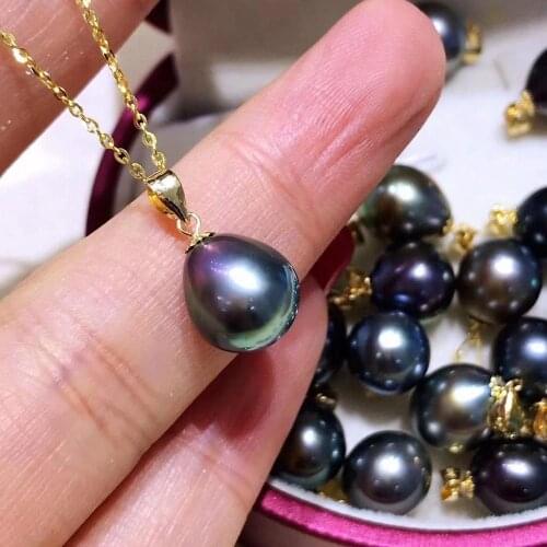 9MM Rice Shape Tahiti Natural-Ocean Black Pearls Pendant For Women Real 18k Gold Clasp With Free Silver Chain Fine Jewelry