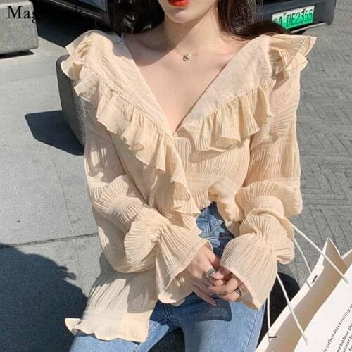 Casual V Neck Women Pleated Shirt Women 2020 Autumn Blouse Puff Long Sleeve Loose Chiffon Korean Tops Solid Blusas Mujer 10572