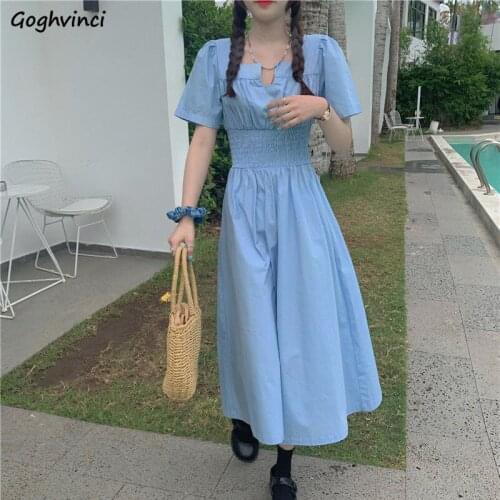 Simple Short Puff Sleeve Dress Women Mid-calf Elegant Trendy Draped Square Collar Leisure Preppy Style Girls New Ins Temperament