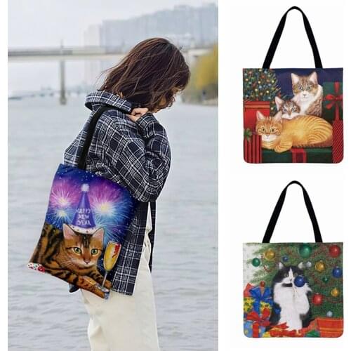 Christmas Gift Lovely Cat Print Tote Bag For Women Casual Tote Outdoor Beach Bags Ladies Shoulder Bag Foldable Shopping Bag