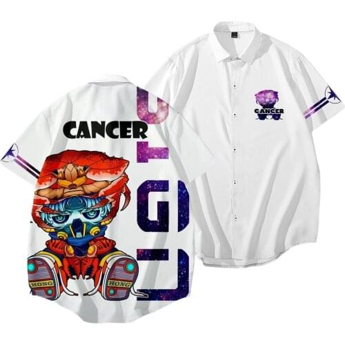 Men Harajuku White Cancer Print Shirt Summer Hawaii Short Sleeve Shirts Casual Beach Tops Oversized 6XL