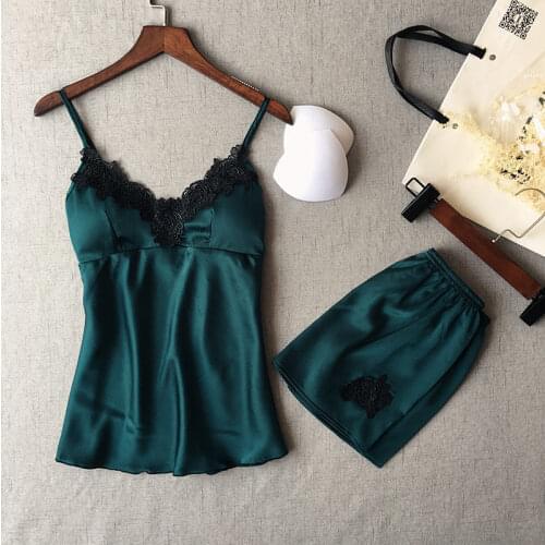 2Pcs Sexy Lingerie Women Sleeveless V-neck Satin Lace Tops Crochet Nightwear Sleepwear Shorts Pyjamas Set