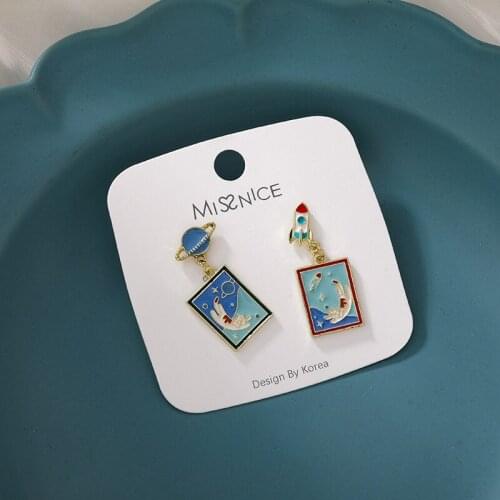Stylish Blue Square Geometric Rocket Universe Dangle Earring for Women Unusual Enamel Asymmetric Aviator Earring Jewellery Gifts
