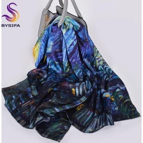 [BYSIFA] Blue Luxury Pure Silk Scarf Shawl New Stars Sky Women Long Scarves Ladies Brand 100% Silk Neck Scarf Foulard 175*52cm
