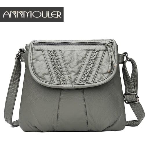 Annmouler 5 Colors Women Shoulder Bag Pu Leather Crossbody Messenger Bag Soft Washed Leather Small Bag Double Zipper Ladies Bags