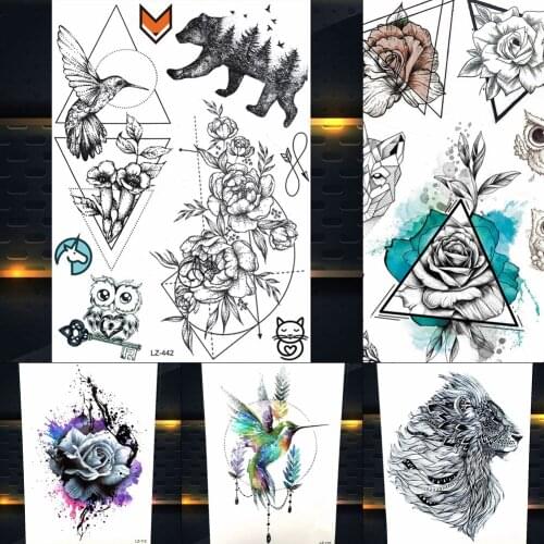REJASKI Rose Flower Geometric Hummingbird Temporary Tattoos Sticker Mehndi Tattoo Body Art Custom Tatoos For Women Black Henna
