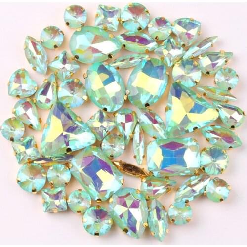 Gold claw setting 50pcs/bag shapes mix jelly candy Peridot AB glass crystal sew on rhinestone wedding dress shoes bags diy