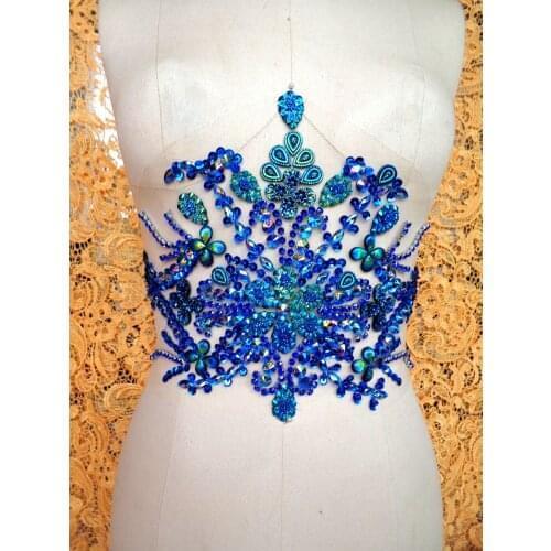 Zbroh 35*22cm hand made deep blue sew on Rhinestones applique crystals patches for top dress skirt belt