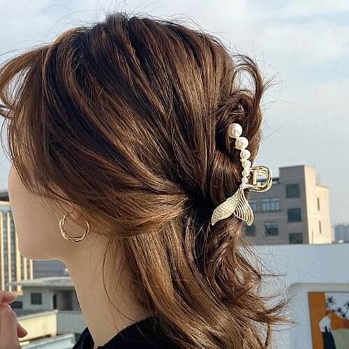 Pearl fishtail grip hair clip shark clip back head elegant temperament half hair clip web celebrity metal hair clip