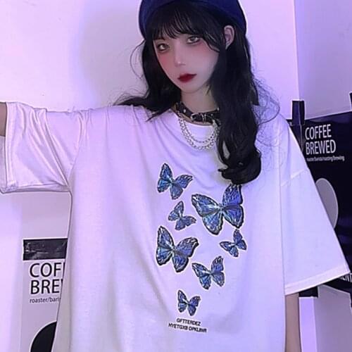 New Summer butterfly cartoon print Women punk Loose top Vintage short sleeve plus size Ulzzang dropshipping wild clothes T-Shirt