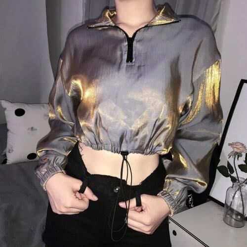 Fashion Turtleneck Zipper Drawstring Hem Harajuku Discolor Sweatshirt Women Spring Long Sleeve Short Crop Top Pullovers