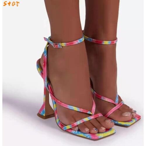 2021 Summer New Ankle Strap Ladies High Heel Sandals Printed Color Open Toe Ladies Square Shoes Sandalias De Mujer Large Size 43