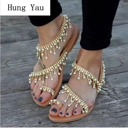 Women Sandals Flips Flops 2019 Summer Style Shoes Woman Flats String Bead Fashion Platform Female Slides Ladies Plus Size 35-43