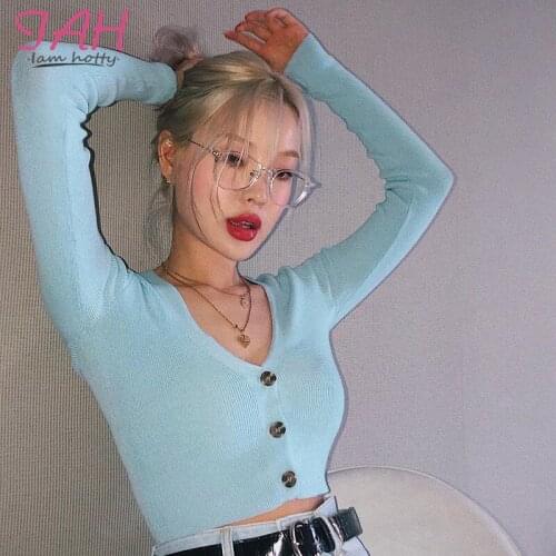 Iamhotty Long Sleeve Poleras Mujer De Moda 2019 Knitted Zip-Up V-Neck Women Clothes Skinny Buckle Casual Solid Elegant Crop Tops