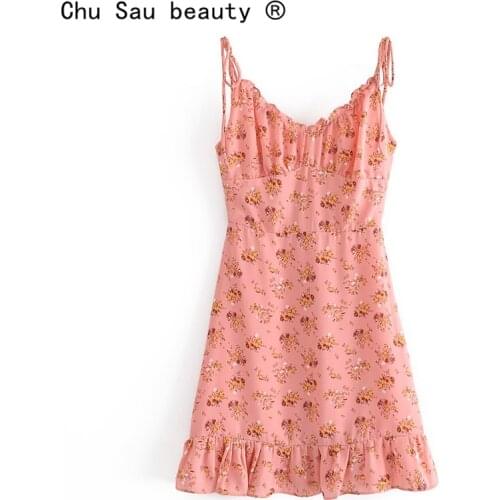 Summer New Sweet Chic Floral Printed Mini Dress Women Fashion Sexy Style Deep V-neck Sling Dresses Female Streetwear Vestidos
