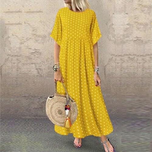 Summer Casual Loose Bohemia Beach Maxi Dress For Woman 2021 Fashion Polka Dot Print Short Sleeve Elegant Ladies Midi Dresses