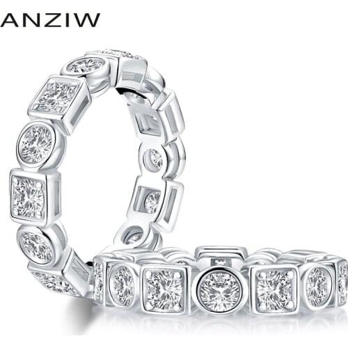 ANZIW 925 Sterling Silver 3.5mm Round Cut Full Eternity Ring for Women Simulated Diamond Square Engagement Wedding Band Ring