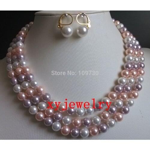 Free Shipping Jewelry 00804 beautiful 3 row 8mm white pink lavender shell pearl necklace/ earring set can choose (A0428)