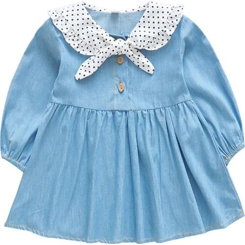 0-5Y Toddler Kids Baby Girl Autumn Dress Dot Sweet Long Sleeve Solid Cotton Denim Party Casual Dress Clothes
