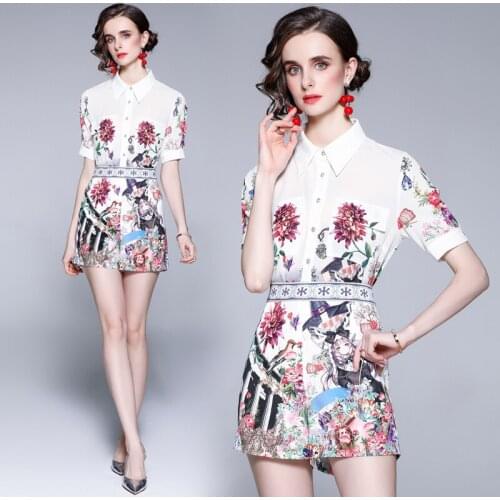 Dropshipping Summer 2 Piece 2pcs Women Ladies Set Vintage Print Collar Short Sleeve Top Shirt Blouse Short Tracksuit Outfit
