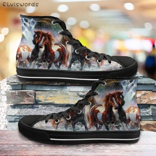 ELVISWORDS Painting Crazy Horse Design Ladies Lace Up Vulcanized Shoes Fashion Womens Breathable High-top Canvas Walking Shoes