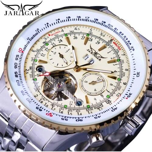 Jaragar Mens Luxury Brand Automatic Mechanical Watches Silver White Stainless Steel Bezel Strap Tourbillon Date Mens Wristwatch