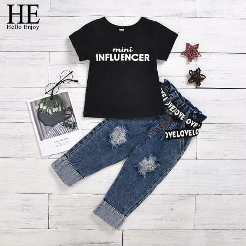 HE Hello Enjoy 2021 Summer Toddler Kids Baby Girl Clothes Sets Letter Tops T-Shirt Denim Pants Jeans Outfits Clothes 2-6Y