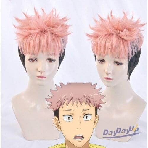 Jujutsu Kaisen Yuuji Itadori Pink Black Short Role Play Cosplay Heat Resistant Synthetic Hair Halloween Party + Free Wig Cap