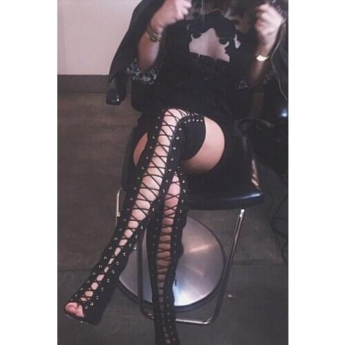 Hot selling women lace up thigh high boots cut-outs gladiator sandal boots over knee booty sexy club boots plus size 12 13