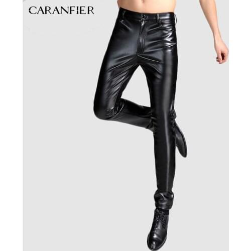 CARANFIER Mens Autumn New Brushed Mid Waist PU Leather Pants Black Leggings Male Skinny Pencil Pants Elastic Trousers Men Cloth