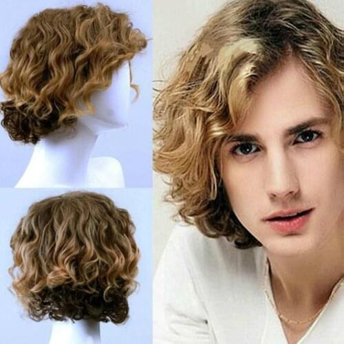 Men Synthetic Blonde Brown Short Wigs Natural Hair Heat Resistant Curly Fluffy Wig for Women Hair Extension Accessories