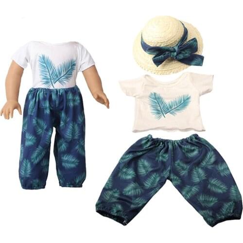 18 inch Doll Clothes for American 18 inch Doll for Child Birthday Gifts T-shirt + Trousers + Sun Hat Beach Suit Leaf Element