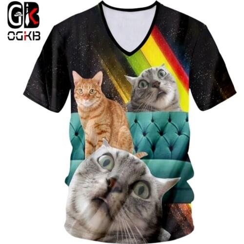 OGKB T-shirt Male Fashion V-neck Slim Fit Animal 3D Tee Shirt Printing Rainbow cat Funny Large Size Attire Unisex T Shirts