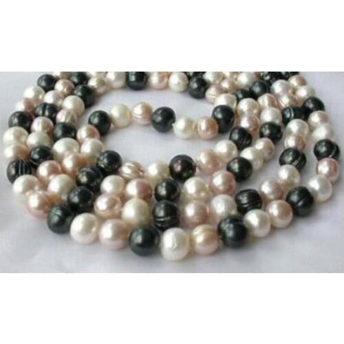 Stunning long 45" big 9-10mm round white black pink freshwater pearl necklace