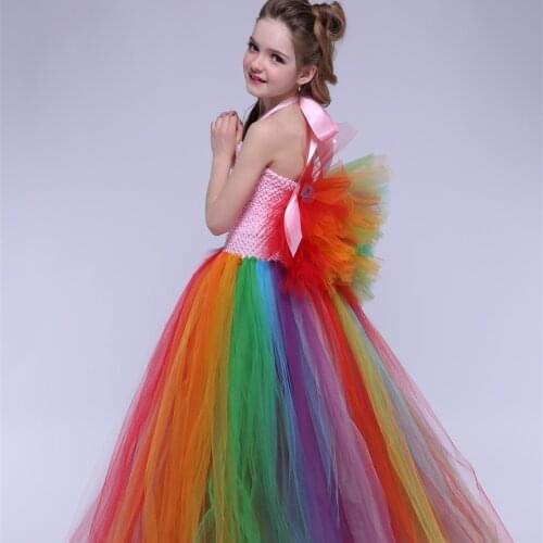 Fluffy Rainbow Unicorn Tutu Dress with Tulle Wings for Kid Girl Inspired Costume Christmas Halloween Birthday Party Dresses