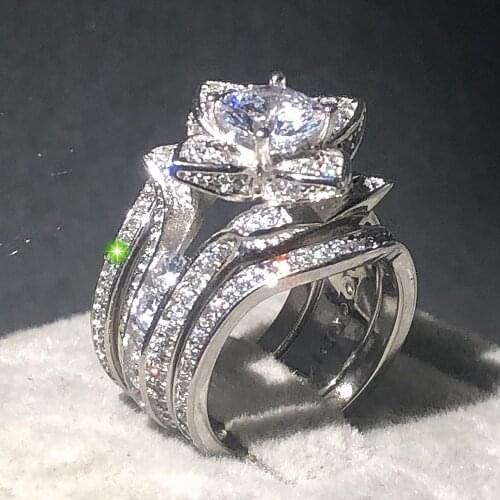 Hand 925 Sterling Silver rings for Women Simulated Diamond Wedding Ring Set Engraved Filigree Blooming Rose Flower Jewelry