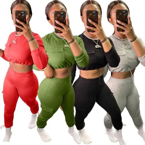 Female Solid O-neck Sports Fitness Two-piece suit Long Sleeve Sweater and Trousers Casual Set