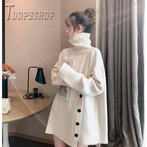 2019 Long Style Button Decor Korean Women Sweater Turtleneck Thick 6 Colors Can Choose Female Sweaters