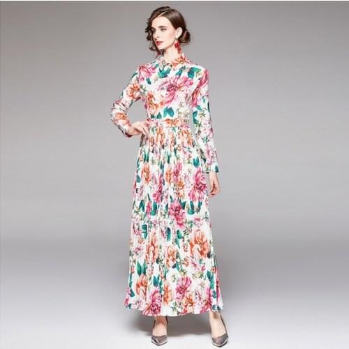 Plus Size M-4XL Women Autumn Rose Floral Luxury Pink Flower Print Long Sleeve Turn Down Collar Party Draped Long Shirt Dresses