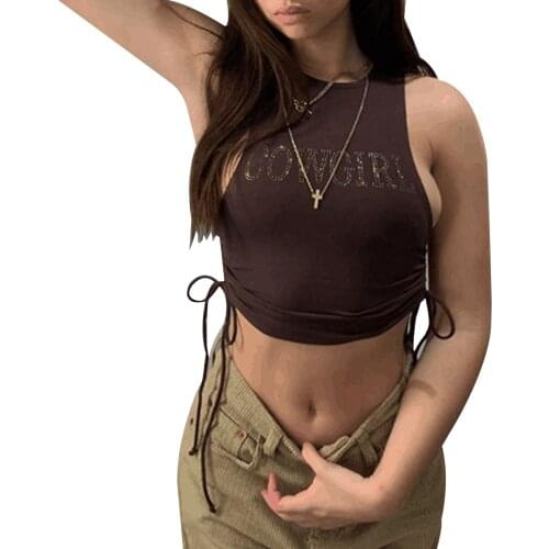 Womens Sleeveless Crop Tops Casual Rhinestone Letter Print Drawstring Ruched Tank Tops