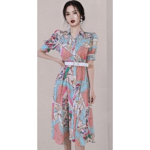 NEW Elegant Mature Flower Print 2021 Women Summer Single-Breasted Mid-Length Turn Down Collar Dress Office Lady Vestido Mujer