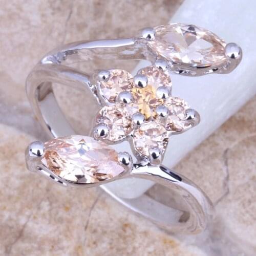 Sweet Champagne Morganite Silver Plated Womens Flower Ring Size 5.5 / 6 / 7 / 8 / 9 R0918