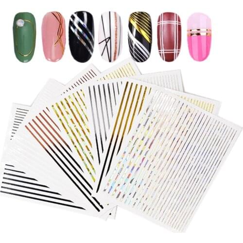 7Pcs Nail Strip Stickers Set Black Rose Gold Silver Laser Metal Strip Tape Nail Art Adhesive DIY Foil Tips Nail Sticker Decals
