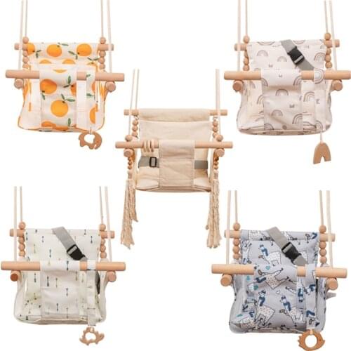 Baby Safety Swing Cartoon Canvas Chair Hanging Wood Outdoor Swinging Rocking Chair Baby Toy Room Decorations Accept Custom