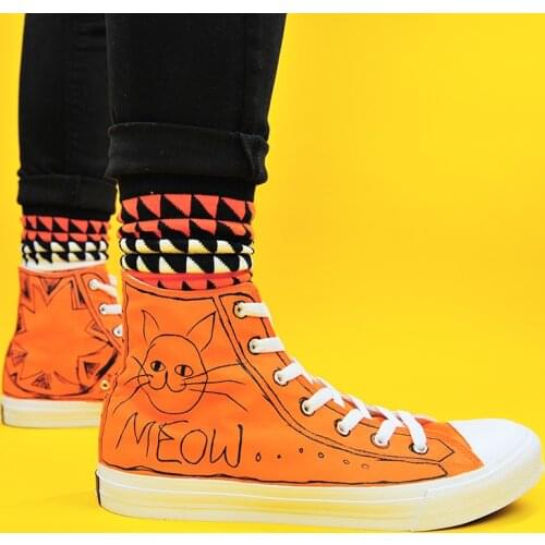 Wen Hand Painted Design Shoes MEOW Cartoon Cat Custom High Top Orange Canvas Sneakers Men Women Rope Soled Skateboard Trainers