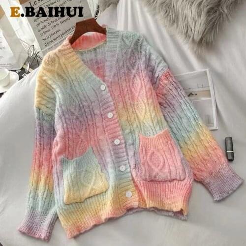 EBAIHUI 2021 Spring womens knitted jacket Rainbow Cardigan Loose Overisize Female coat sweater women Colorful Striped Cardigan