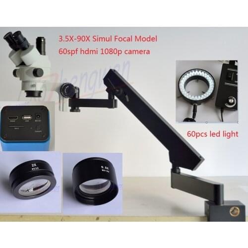 FYSCOPE 60SPF HDMI 1080P CAMERA 3.5X-90X STEREO ZOOM SIMUL FOCAL MICROSCOPE +ARTICULATING STAND MICROSCOPE +60PCS LED