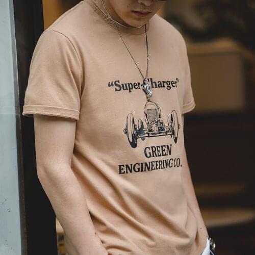 Maden Tooling Retro Mens T-shirts Three-needle Locomotive Style Heat Transfer T-shirt Tough Guy Print Short-sleeved Mens Trend