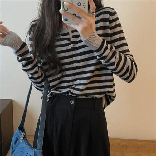 Alien Kitty 2021 New Autumn Ladies Sweater Korean Long-Sleeved Striped Loose Thin Knitted Casual Fashion Basic Hot Gentle Top
