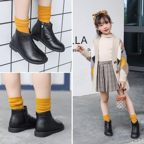 Autumn Winter Genuine Leather Kids Boots Boys Girls Black Short Boots Soft Bottom Martin Boots Side Zipper Soft Plush Snow Boots
